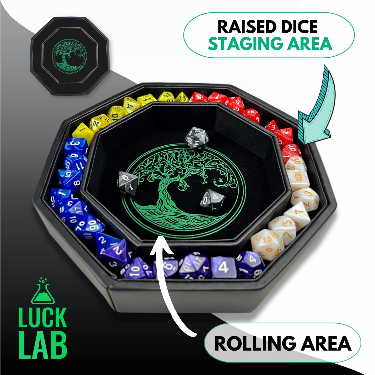 Luck Lab 8 Inch Dice Tray - Green - with Lid and Dice Staging Area for RPG Table Top Gaming- Tree of Life Design