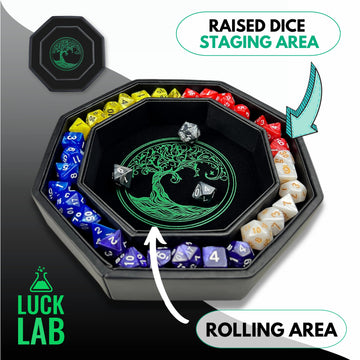 Luck Lab 8 Inch Dice Tray - Green - with Lid and Dice Staging Area for RPG Table Top Gaming- Tree of Life Design