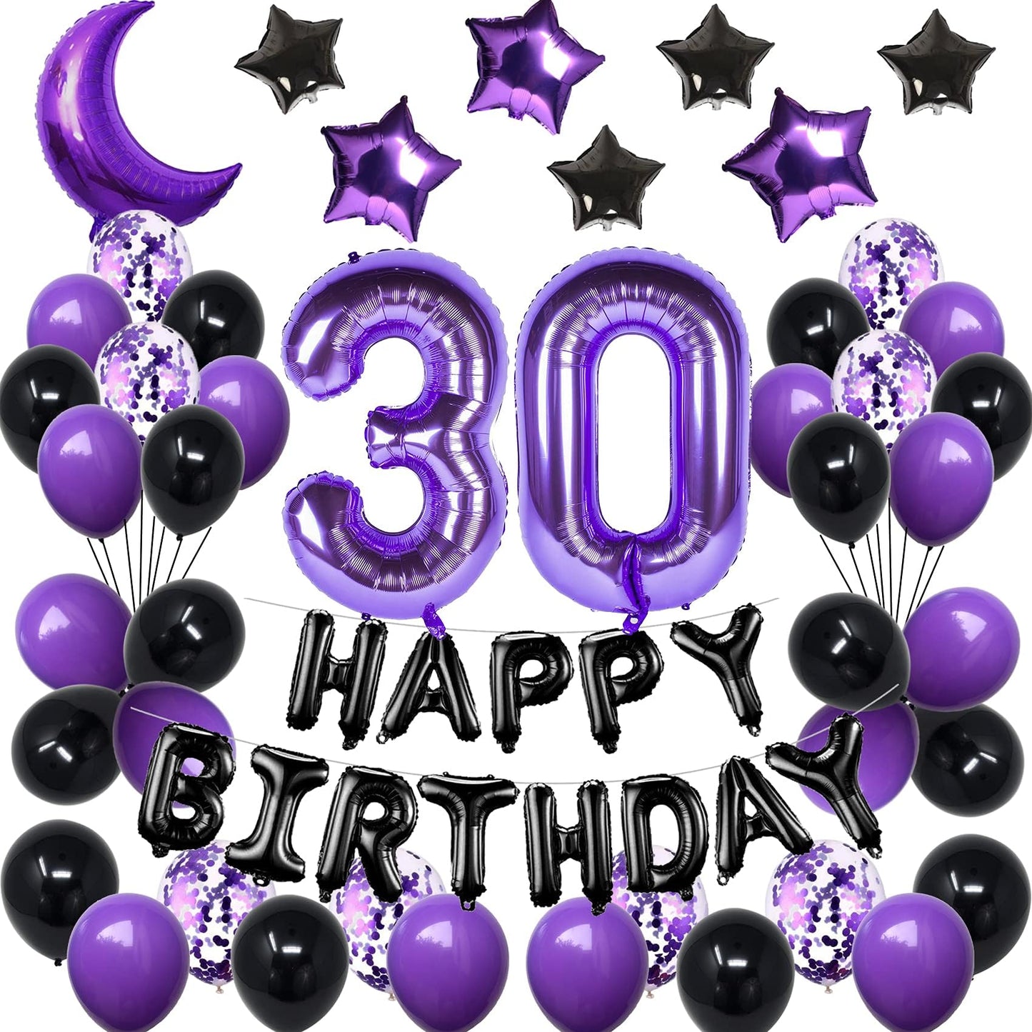 Naninuneno 30Th Birthday Decorations Set For Girl Women Boy Men,Purple Black 30 Happy Birthday Balloons Supplies With Purple Num