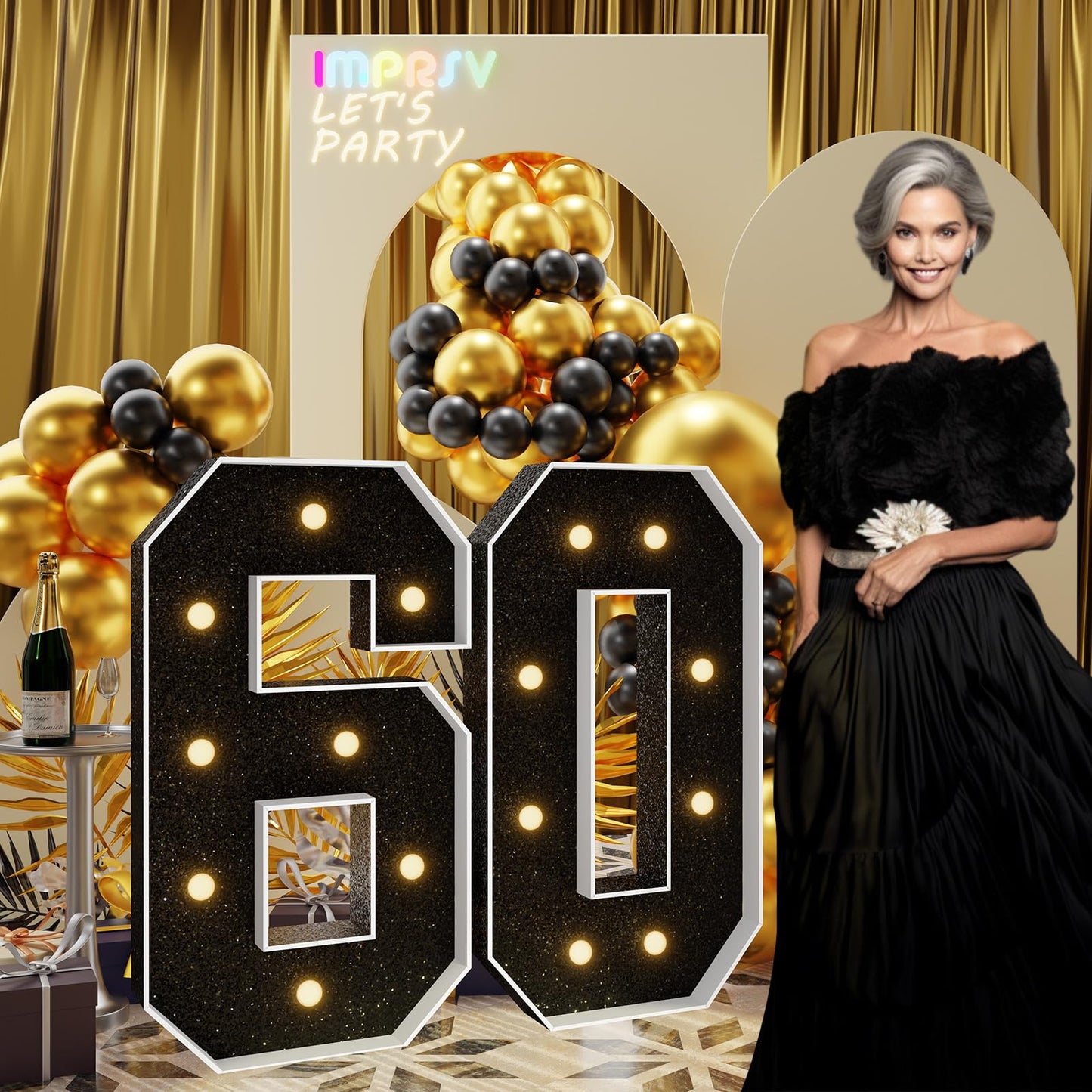 Imprsv 3Ft Black 60Th-Birthday Decorations Numbers: 60Th Birthday Party Anniversary Decorations Large Light Up Numbers 60 For Me