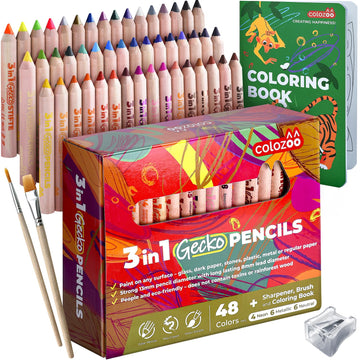 Colozoo Gecko 3-in-1 Kids Pencil Set | 48 Coloring Pencils with 2 Brushes, Sharpener, and Book for Ages 3 and Up | Ideal for Dr