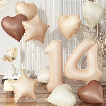 14 Balloons Beige Apricot, Cream Nude Brown Taupe Sand White Heart Number 14 Balloon Decor, Neutral Tan Foil Helium Star Balloon