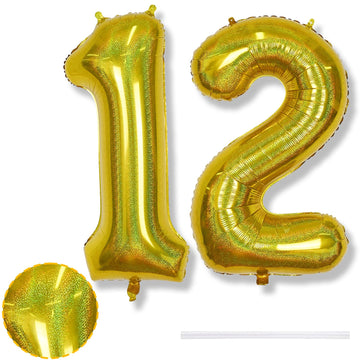 12Th Birthday Balloons For Boys, Big Laser Gold Foil Number 12 Balloons Anniversary Party Decor, Mylar Self Inflating Helium 40