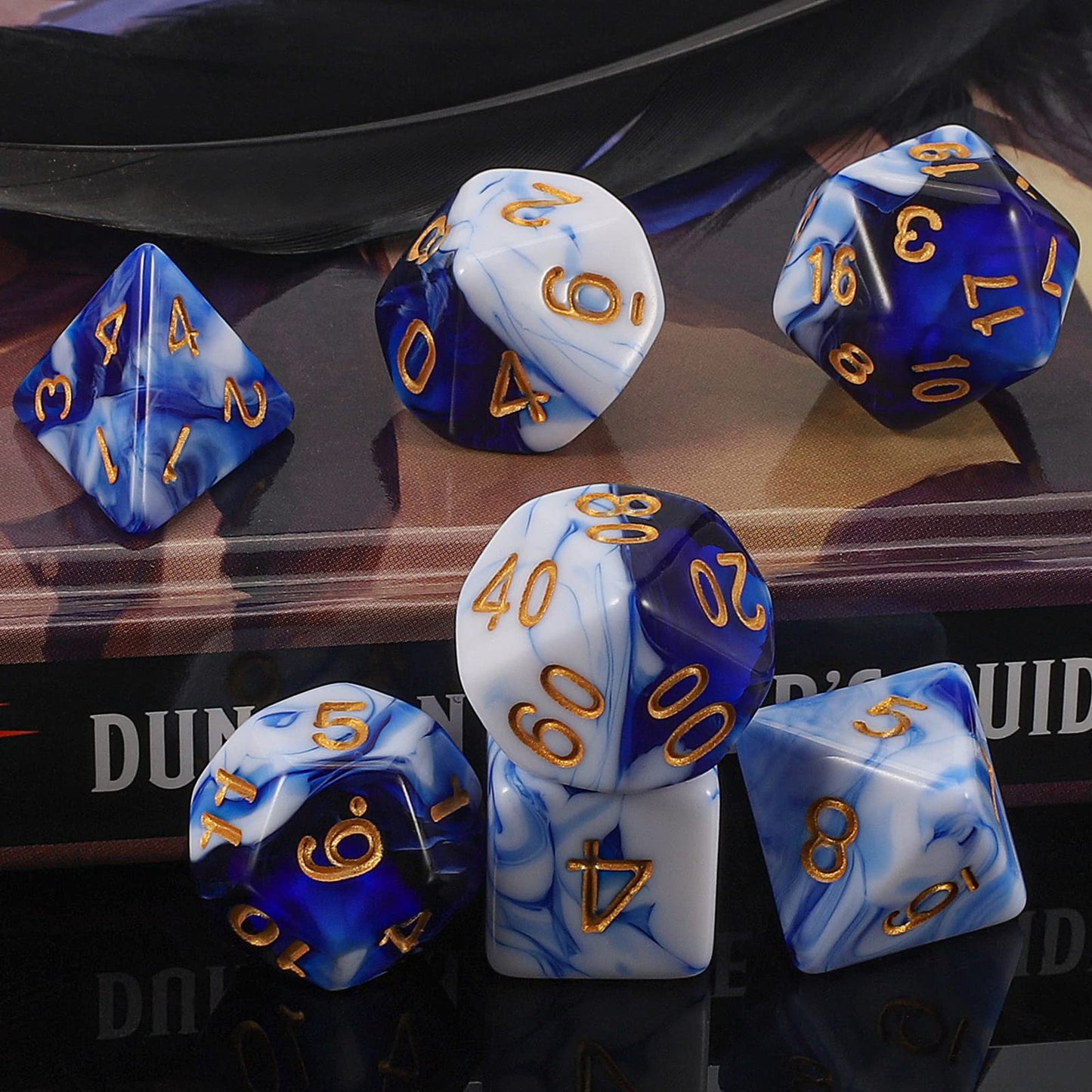 QMAY DND Dice Set - Polyhedral Dice (Blue Mix White) 7 Pcs for Dungeon and Dragons D&D RPG Role Playing Games Dice with Dice Bag