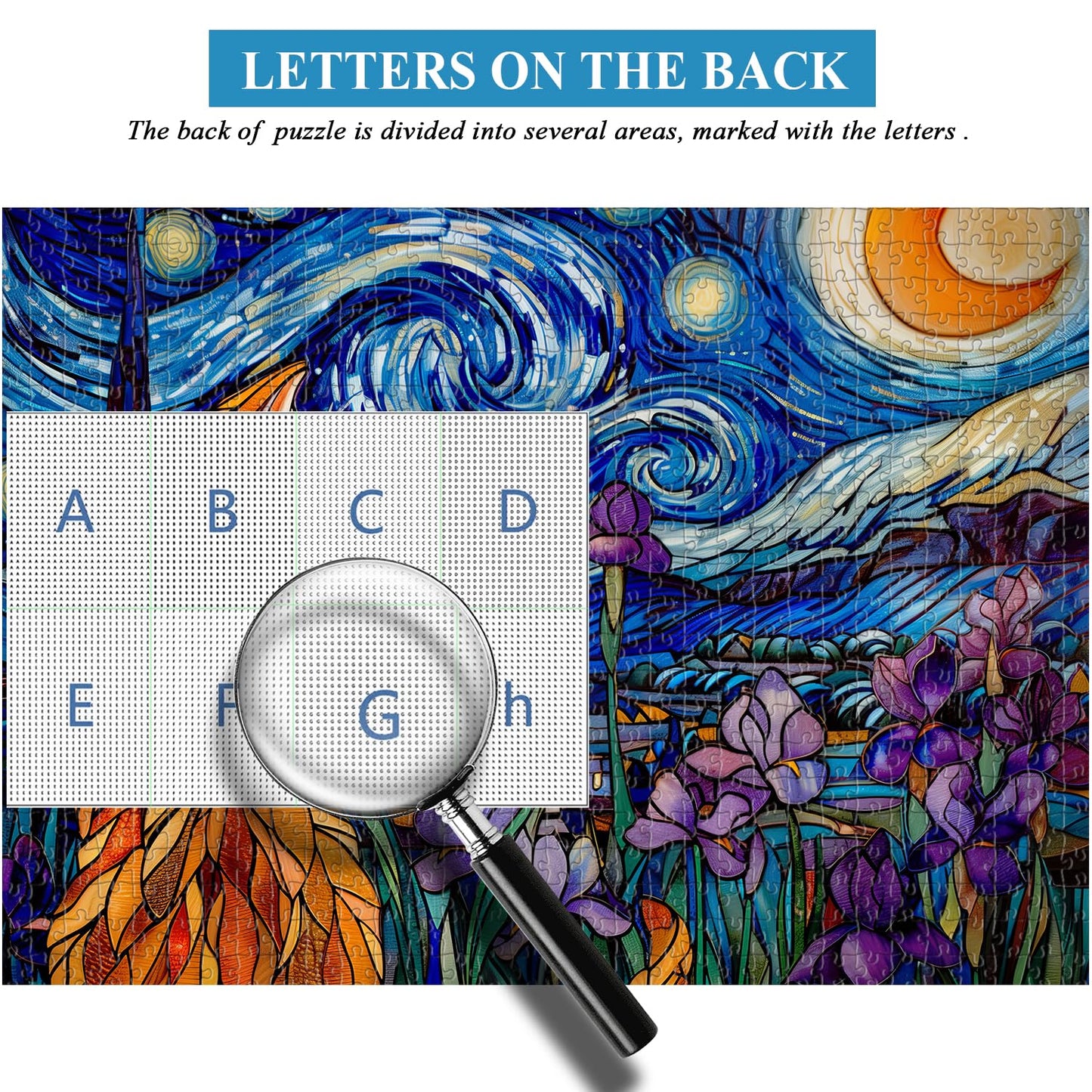 Cat Puzzles For Adults 1000 Pieces, Pickforu Stained Glass Puzzles Feature Purple Iris Flowers, Starry Night, Moonlit Cat Flower Jigsaw Puzzle For Cat Lovers