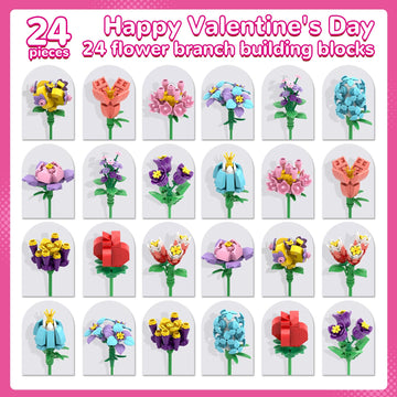 Uiseba Valentines Day Gifts For Kids Classroom/School,24Pcs Building Blocks Flower Kits And Valentines Cards,Toys For 3+ Years O