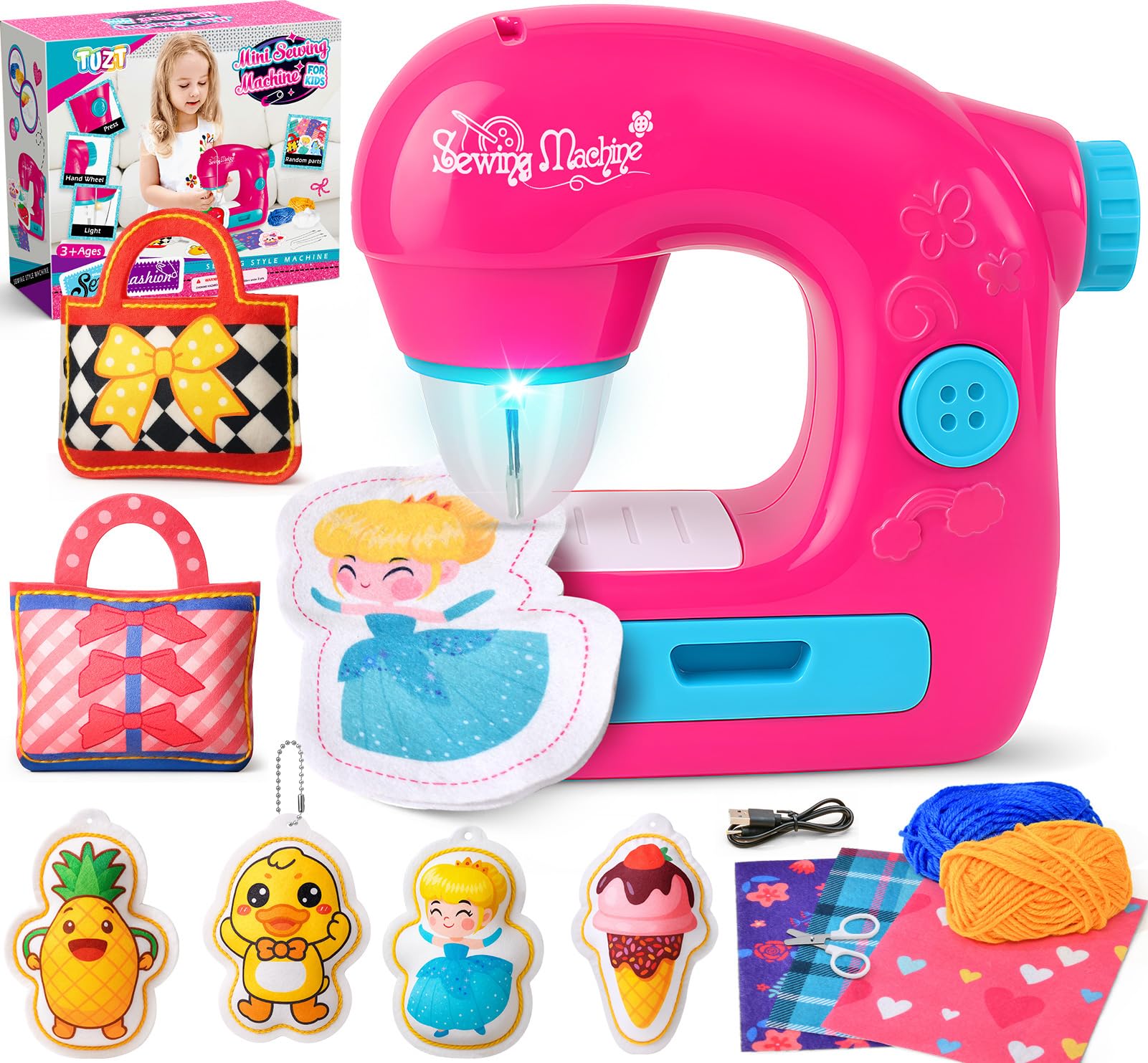 TUZT Mini Sewing Machine Toy Kit for Kids Beginners, 22pcs Portable Electric Sewing Machine with Sewing Kit, Light and Finger Gu