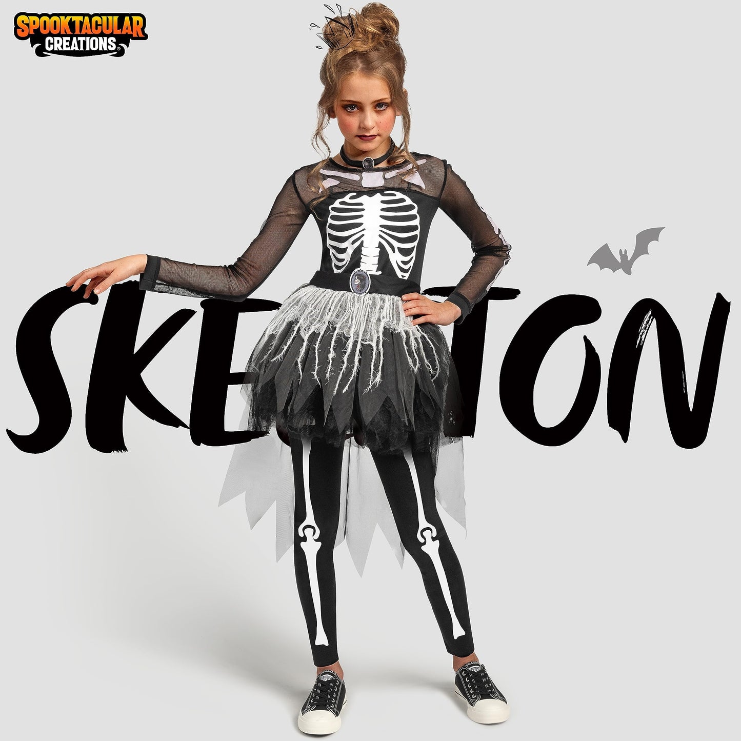 Spooktacular Creations Halloween Girls Skeleton Costume, Ghostly Skeleton Tutu Dress For Girls Halloween Dress Up, Role Play, Cosplay Party-L