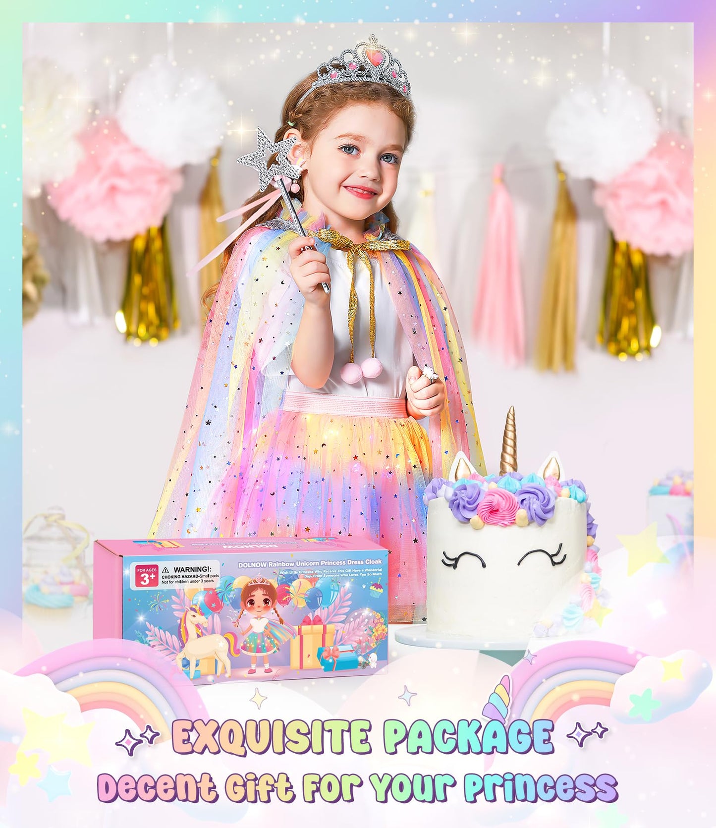 Dolnow Princess Dress Up Clothes For Little Girl, Light Up Princess Dresses Princess Cape With Crown Wand Toys For 3-6 Girls