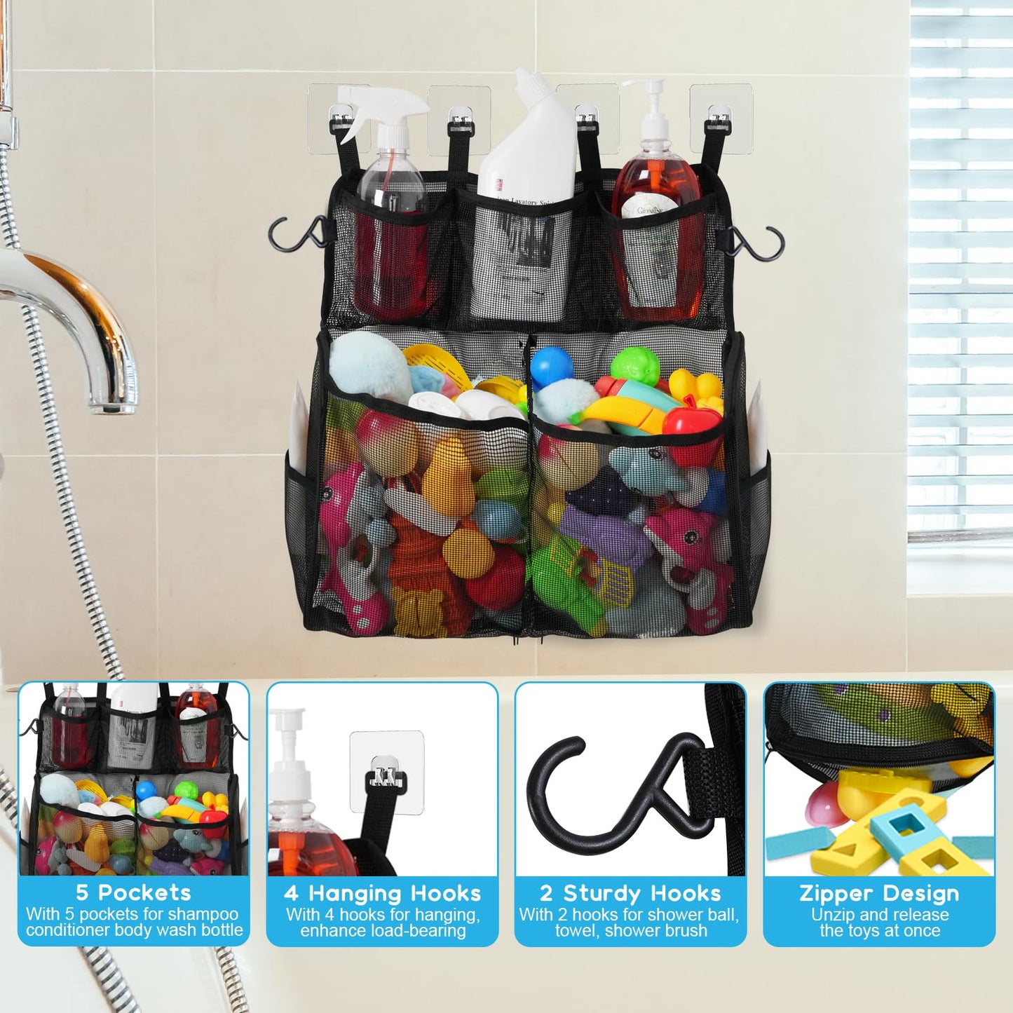 Docmon Bath Toy Storage, 2 Layers Large Capacity Bath Toy Holder For Bathtub, Quick Dry Bath Toy Organizer With Buttom Zipper, B