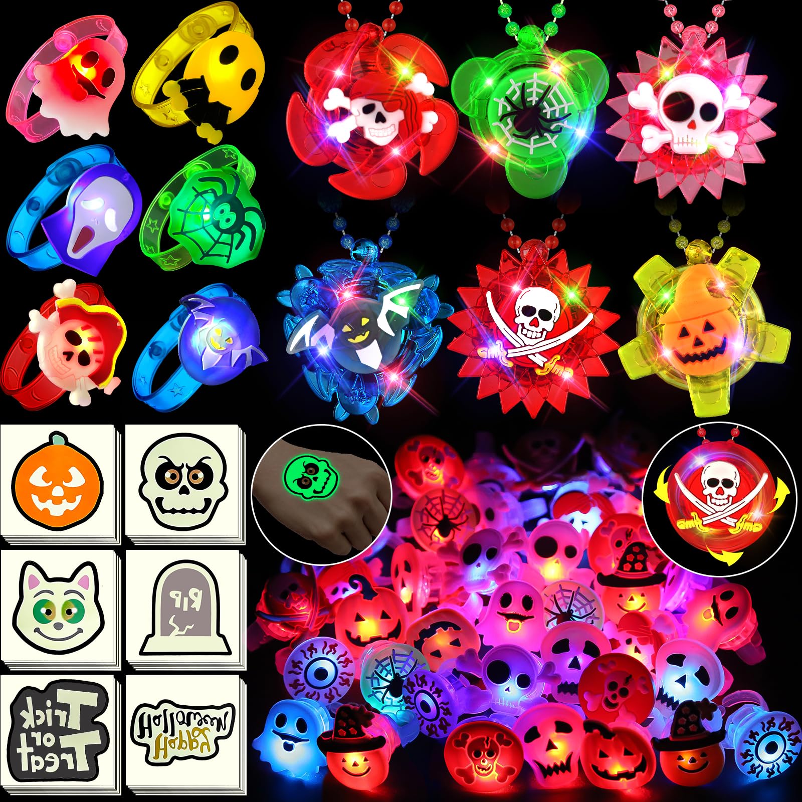 84 PCS Halloween Party Favors for Kids, Halloween Glow in the Dark Toys Rotating Spin Light Up Necklaces LED Rings Bracelets Dec