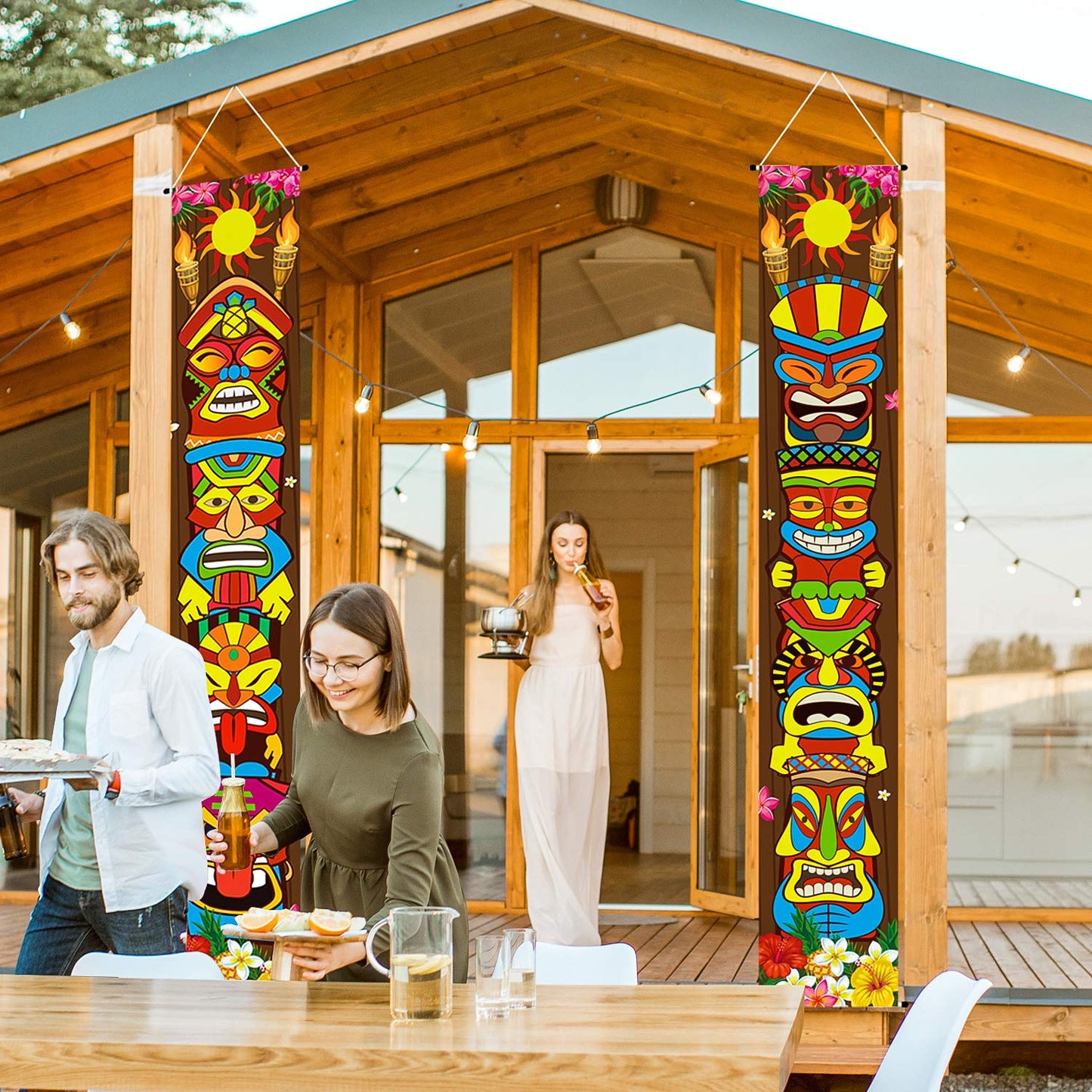 Frienda Hawaiian Luau Party Decoration Supplies Tiki Banner Tiki Totem Door Sign for Hawaii Tropical Decoration Aloha Tropical B