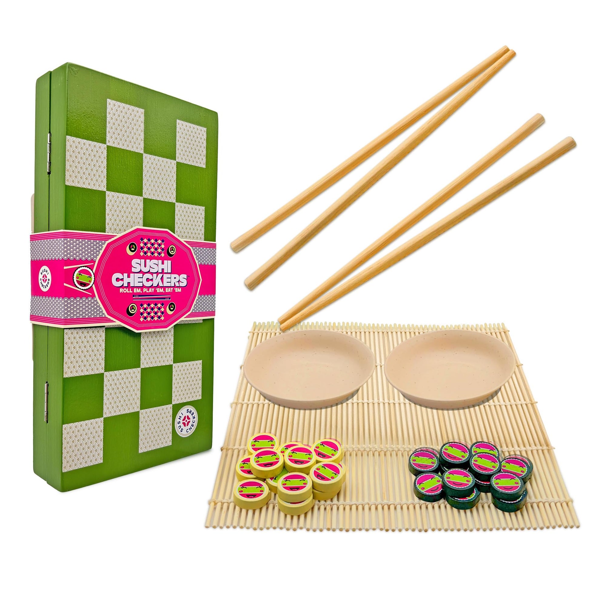 Project Genius: Sushi Checkers - Game & Sushi Making Set, Folding Bamboo Game Board, 24 Checkers & Chopsticks Set, Adults & Kids