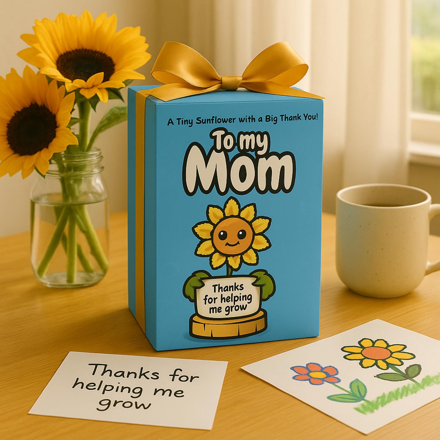 Gift for Mom for Birthday or Christmas - Handmade Positive Sunflower Crochet Holding a Cute Appreciation Card - Mom Birthday Gif