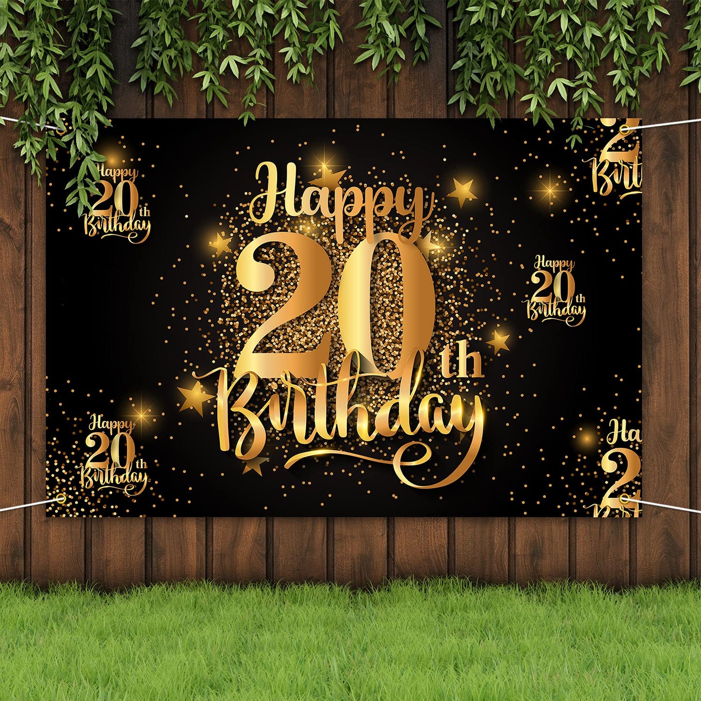 NC Happy 20th Birthday Backdrop Banner, 20th Size, Glitter Gold & White, Polyester, Step and Repeat Decorations for Photography Party Supplies
