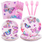 Decorlife Butterfly Birthday Party Supplies Serves 24, Butterfly Theme Party Decorations Includes Plates, Napkins, Forks For Girls, 96Pcs
