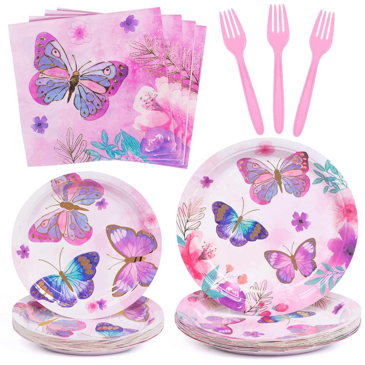 Decorlife Butterfly Birthday Party Supplies Serves 24, Butterfly Theme Party Decorations Includes Plates, Napkins, Forks For Girls, 96Pcs