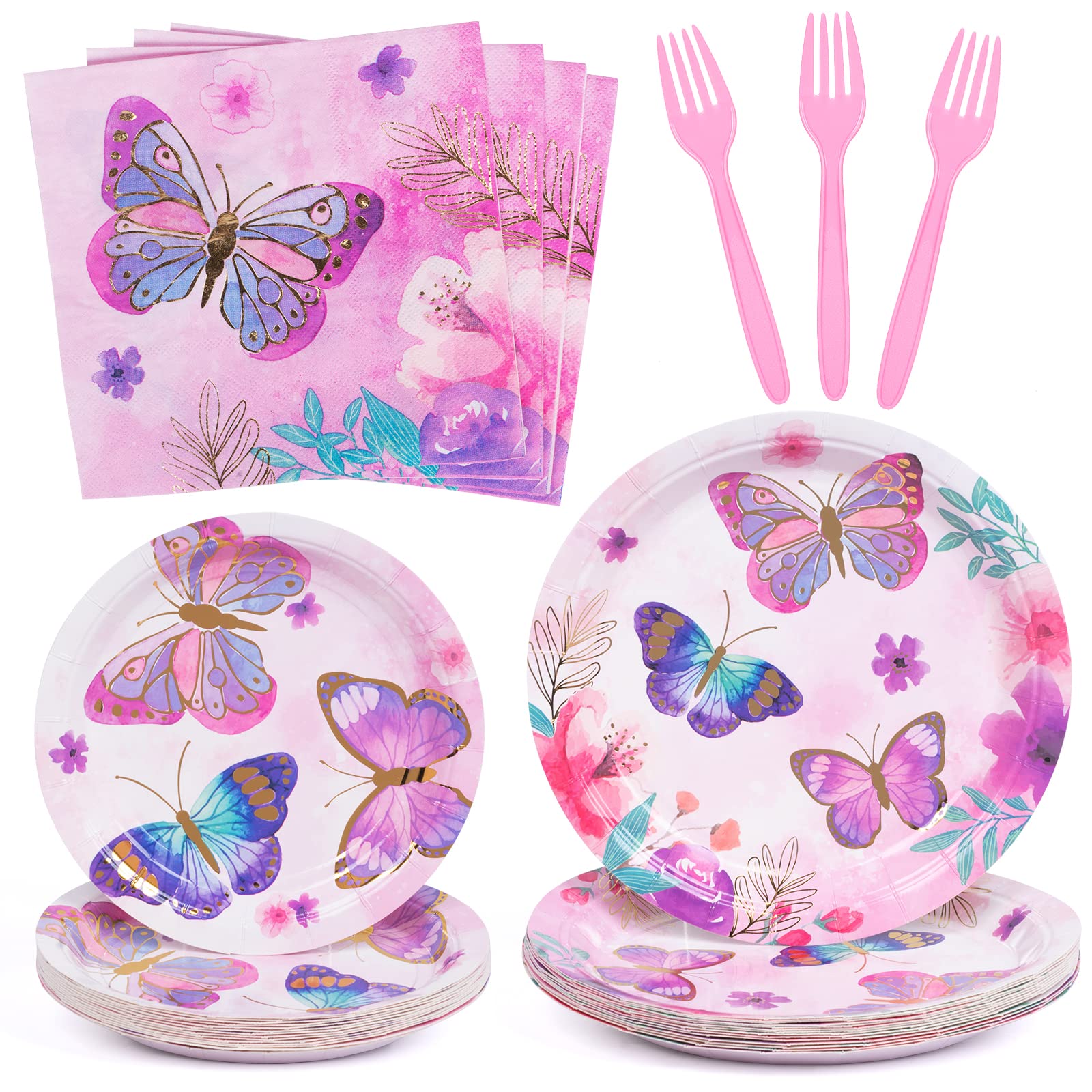 Decorlife Butterfly Birthday Party Supplies Serves 24, Butterfly Theme Party Decorations Includes Plates, Napkins, Forks For Girls, 96Pcs