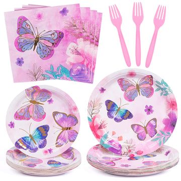 Decorlife Butterfly Birthday Party Supplies Serves 24, Butterfly Theme Party Decorations Includes Plates, Napkins, Forks For Girls, 96Pcs
