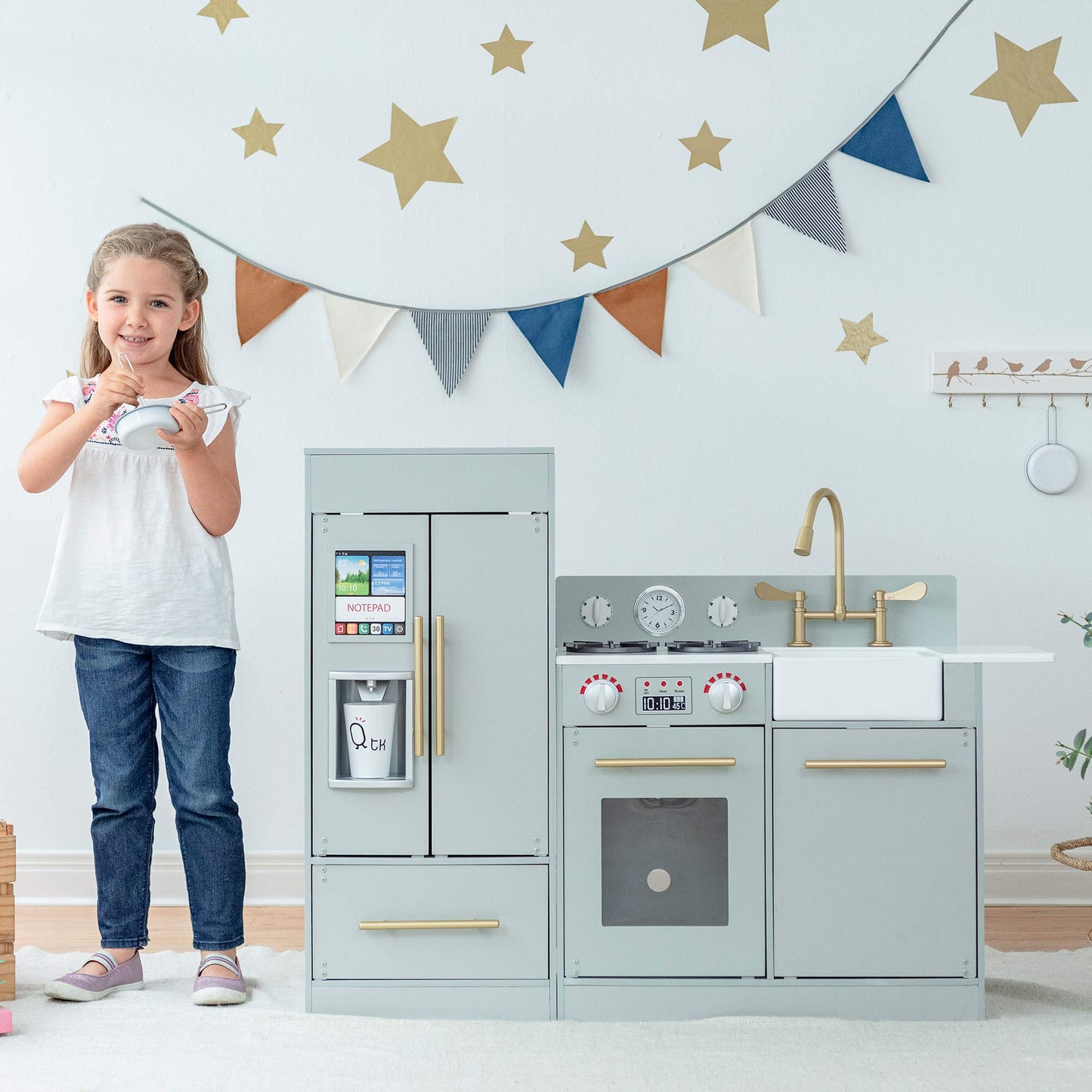 Teamson Kids Little Chef Charlotte Modern Modular Interactive Wooden Play Kitchen with Refrigerator, Stove and Sink in Gray with