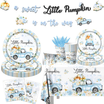 Little Pumpkin Baby Shower Decorations Tableware,142Pcs A Sweet Little Pumpkin Is On The Way Boy Blue Floral Truck Disposable Ta