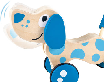 Hape Walk-A-Long Puppy Wooden Pull Toy | Push Pull Toy Puppy For Toddlers Can Sit, Stand And Roll. Rubber Rimmed Wheels For Easy Push And Pull Action, Blue