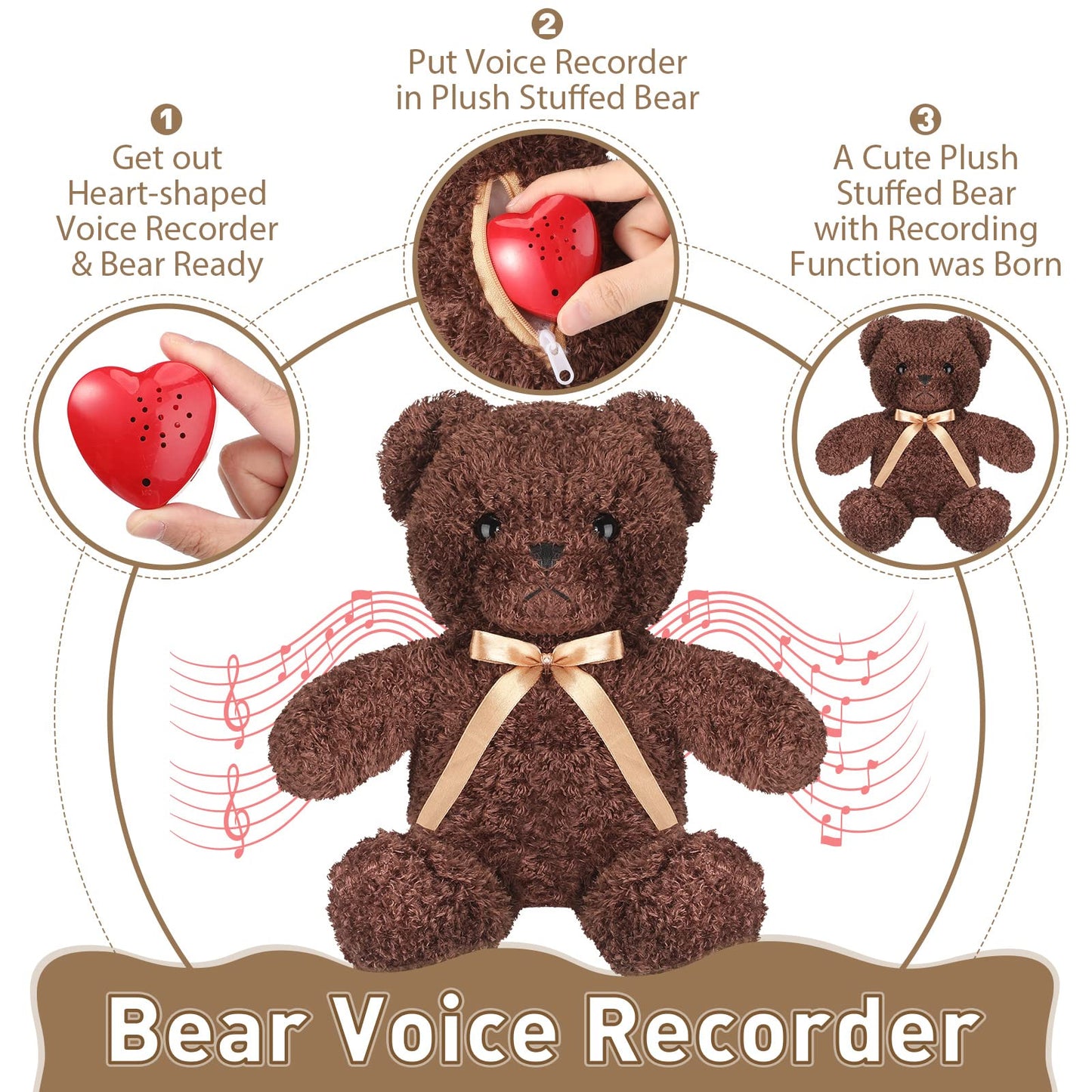 Hungdao Bear Stuffed Animal with Voice Recorder Set, 60 Seconds Heart Shaped Voice Sound Recorder Module 16 Inch Soft Plush Bear