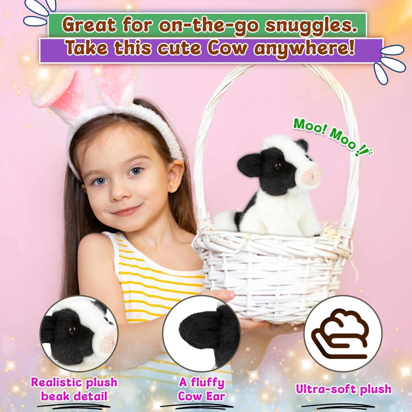 Forest & Twelfth 6'' Stuffed Cow Soft Plush Toy, Cute Stuffed Animal For Boys And Girls, Realistic Looking Small Stuffed Animals