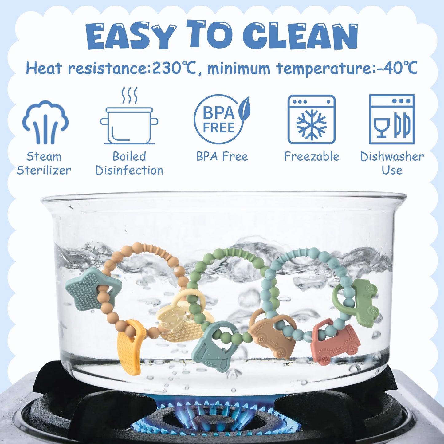 2ooya Silicone Babies Teether Toys - 3Pcs Teething Ring with Rattles, Animal Car Themed Infant Toddle Sensory Chew Toys for Newb