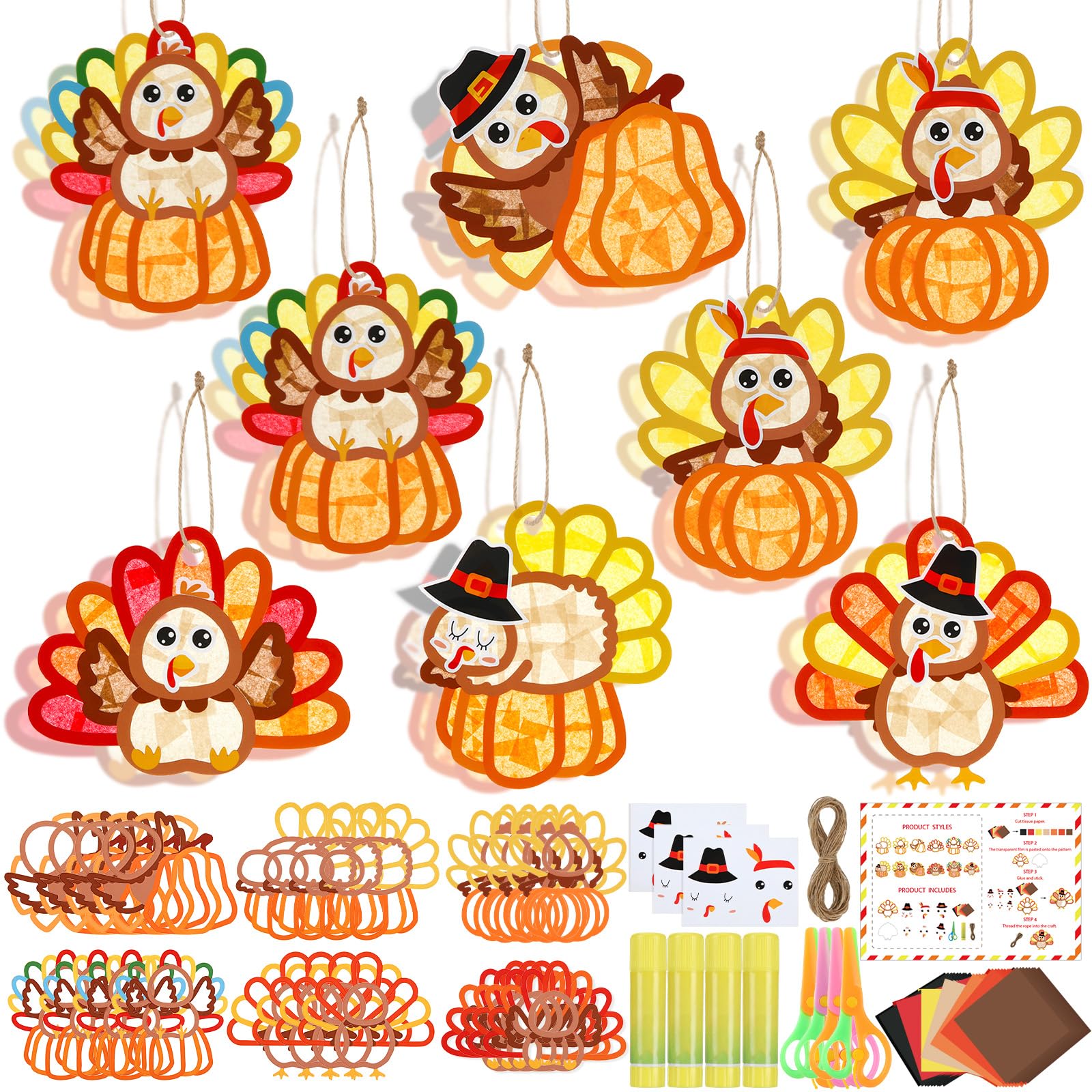 Motipuns 24 Sets Thanksgiving Turkey Ornaments Crafts Turkey Paper Suncatchers Thanksgiving Fall DIY Kit Pumpkin Crafts Decorati
