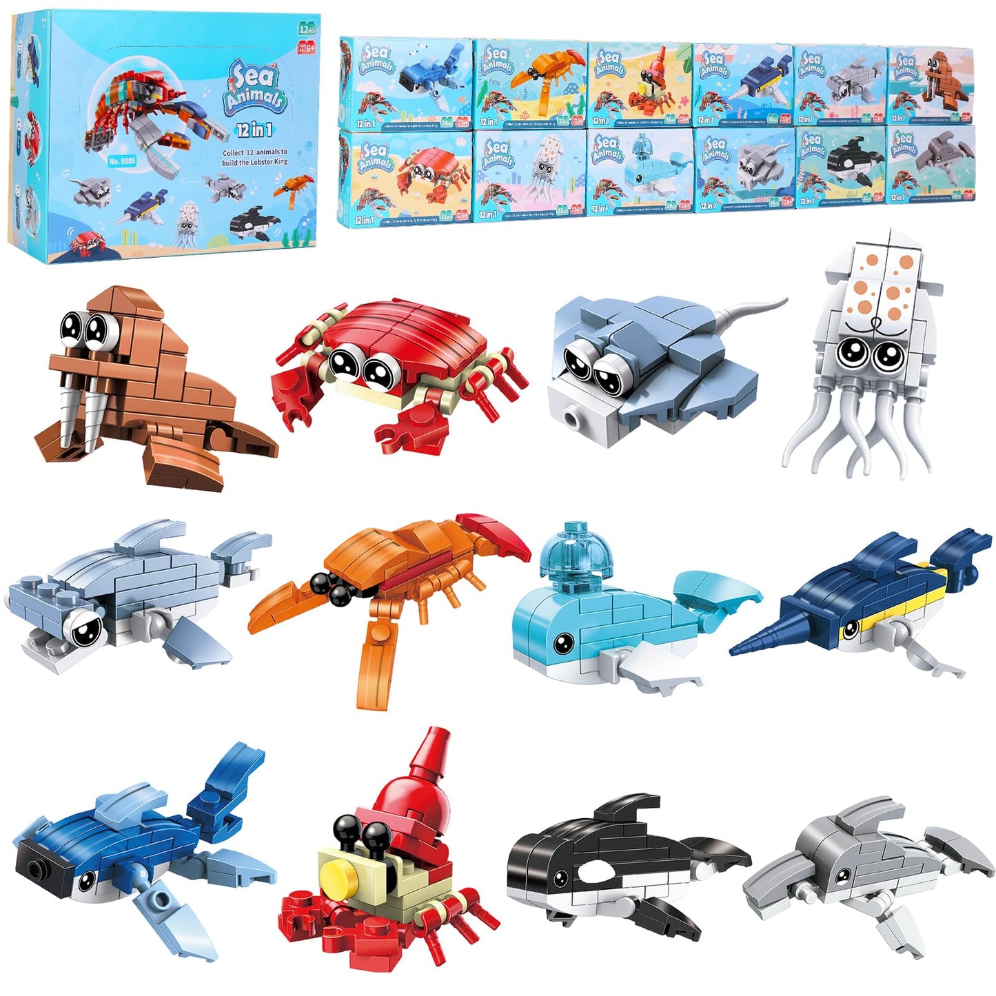 Jellydog Toy Party Favors For Kids Goodie Bags,12Pcs Mini Building Blocks Ocean Animals, Building Sets Stem Toys, Assorted Building Blocks Sets For Birthday Party Gift,Goodie Bags, Prize,Cake Topper