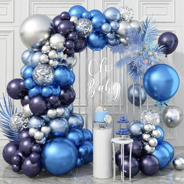 Jobkoo Blue And Silver Balloon Arch Kit, Navy Blue Dark Blue Silver Balloon Garland With Metallic Royal Light Blue Silver Confet