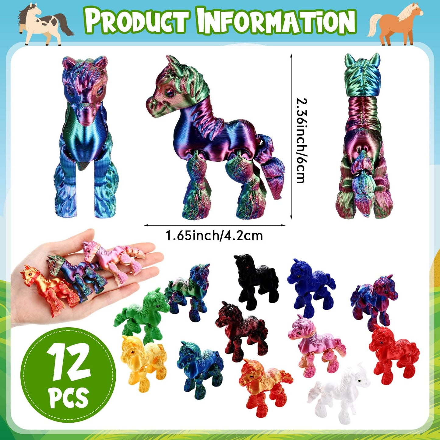 Honoson 12 Pcs 3D Printed Fidget Toy 3D Printed Horse Small Animal Toy Flexible Cute Articulating Pet Stress Relief Fidget Toys