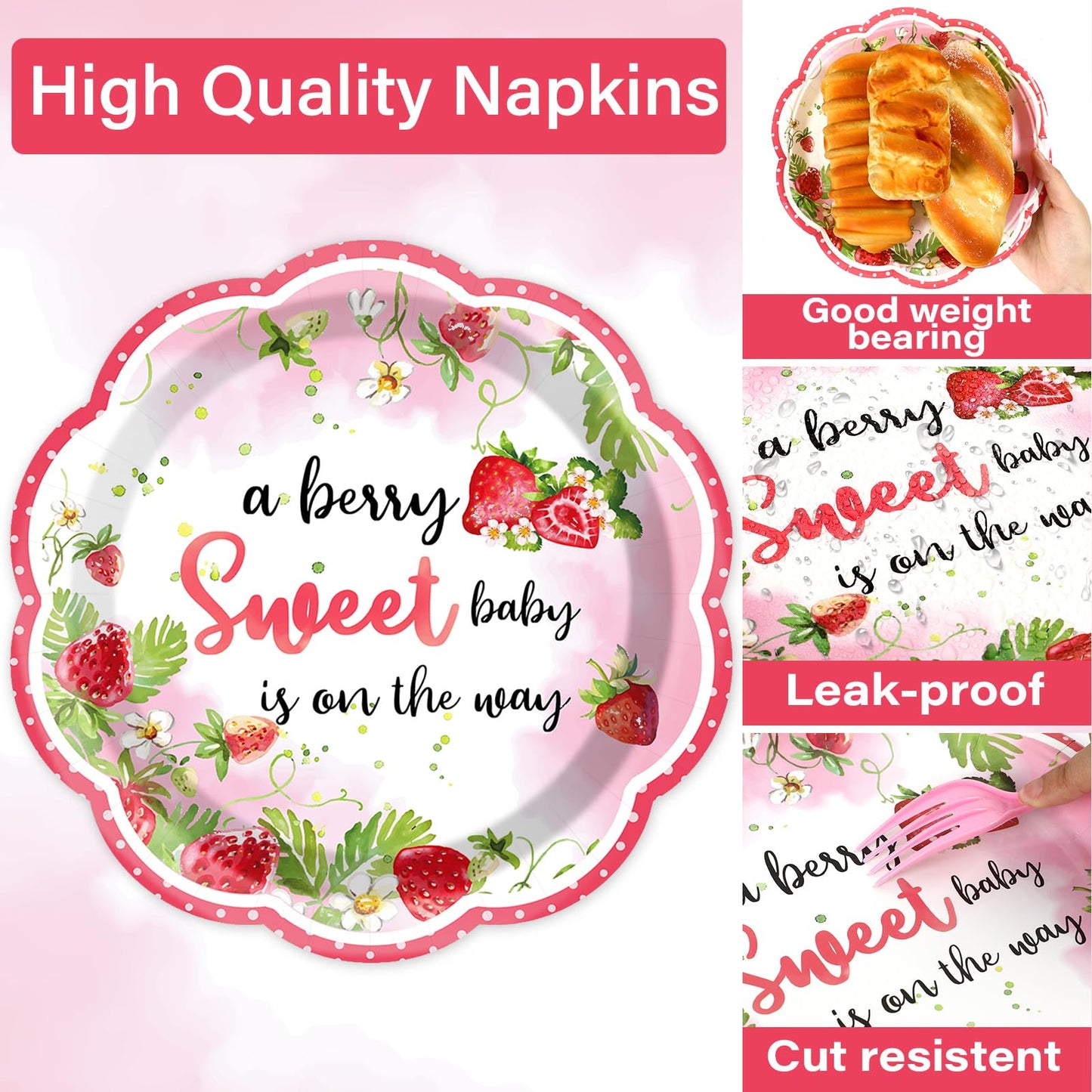 Qyeahkj 100 Pcs Strawberry Baby Shower Party Plates Napkins Forks Supplies Set Sweet Berry Tableware Party Supplies A Berry Swee