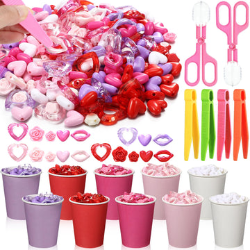 Arrowbash 230 Pcs Valentine Fine Motor Skills Toys Sensory Bin Filler Includes 5 Style 214 Acrylic Gems 4 Tweezers 2 Scissors Cl