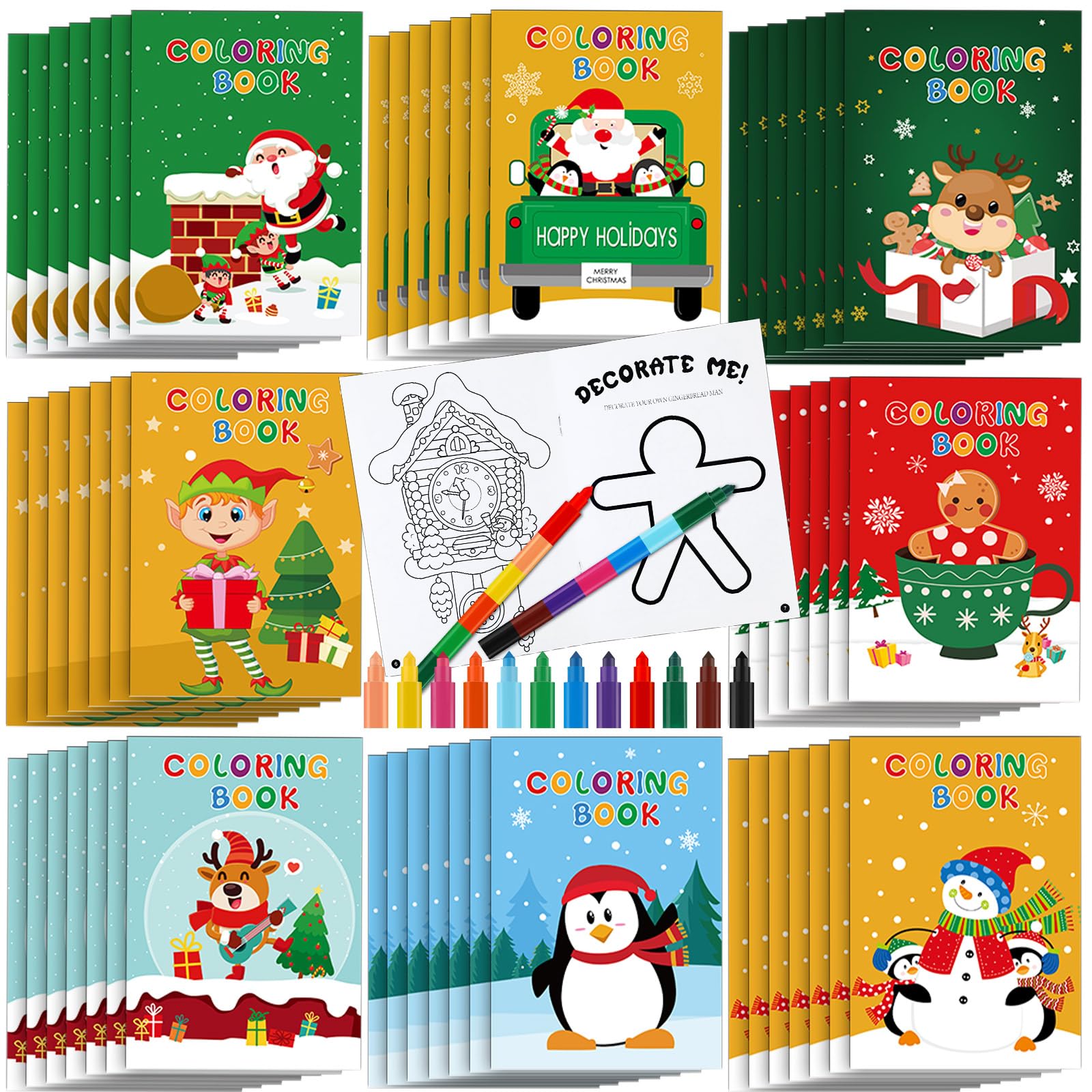 Zhanmai 64 Pcs Christmas Coloring Book with Stacking Crayons for Kids Bulk Santa Claus Snowman Elk Penguin Elf Gingerbread Holid