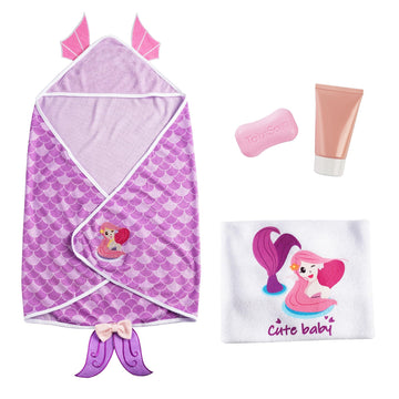Babeside 4 Pcs Swaddle Blanket Wrap Set, Bath Towel Mermaid Pattern With Hand Towel, Soap And Facial Cleanser For 17-22 Inch Bab