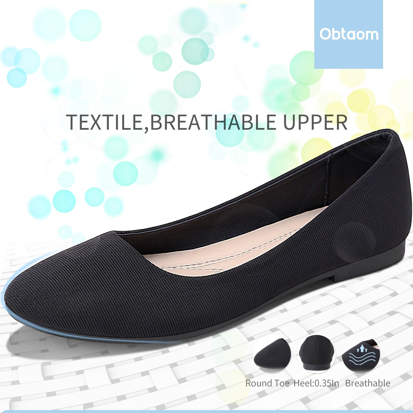 Obtaom Womens Textile Flat Shoes Round Toe Slip On Shoes Fabric Dress Black Ballet Flats(Black,Us07)