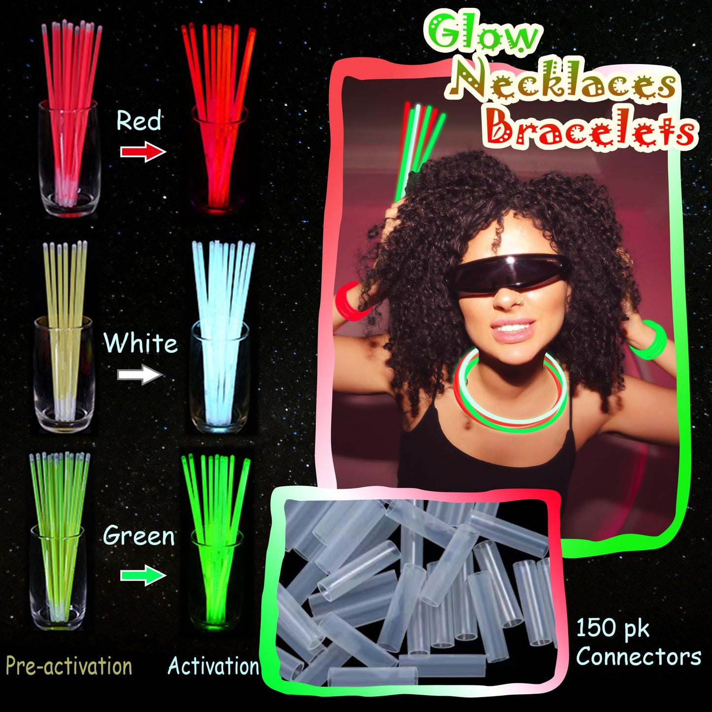 ILHSTY 150 Pcs 8 Green Red White Glow Sticks Glow Necklaces In The Dark Party Favors Supplies Bright GlowSticks Bulk with Acce