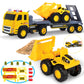 MOBIUS Toys Flatbed Truck with Excavator Tractor Toy - 1:12 Scale, Push and Go Construction Vehicle Playset, Lights & Sounds for