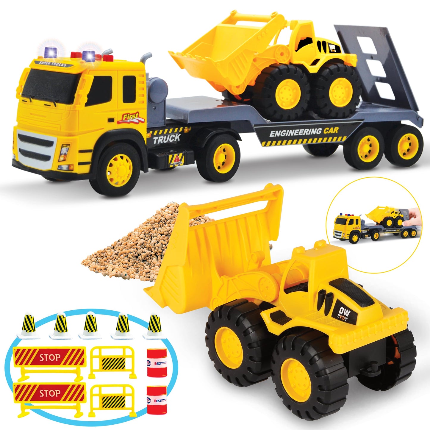 MOBIUS Toys Flatbed Truck with Excavator Tractor Toy - 1:12 Scale, Push and Go Construction Vehicle Playset, Lights & Sounds for