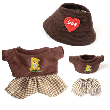 17 cm Doll Clothes  3-Piece Set Stylish Clothes for 17cm Doll  enhanced Outfit with Accessories for Doll- Red Heart Brown Hat & Brown Bear Tshirt & Coffee Plaid Pants (NO Doll)