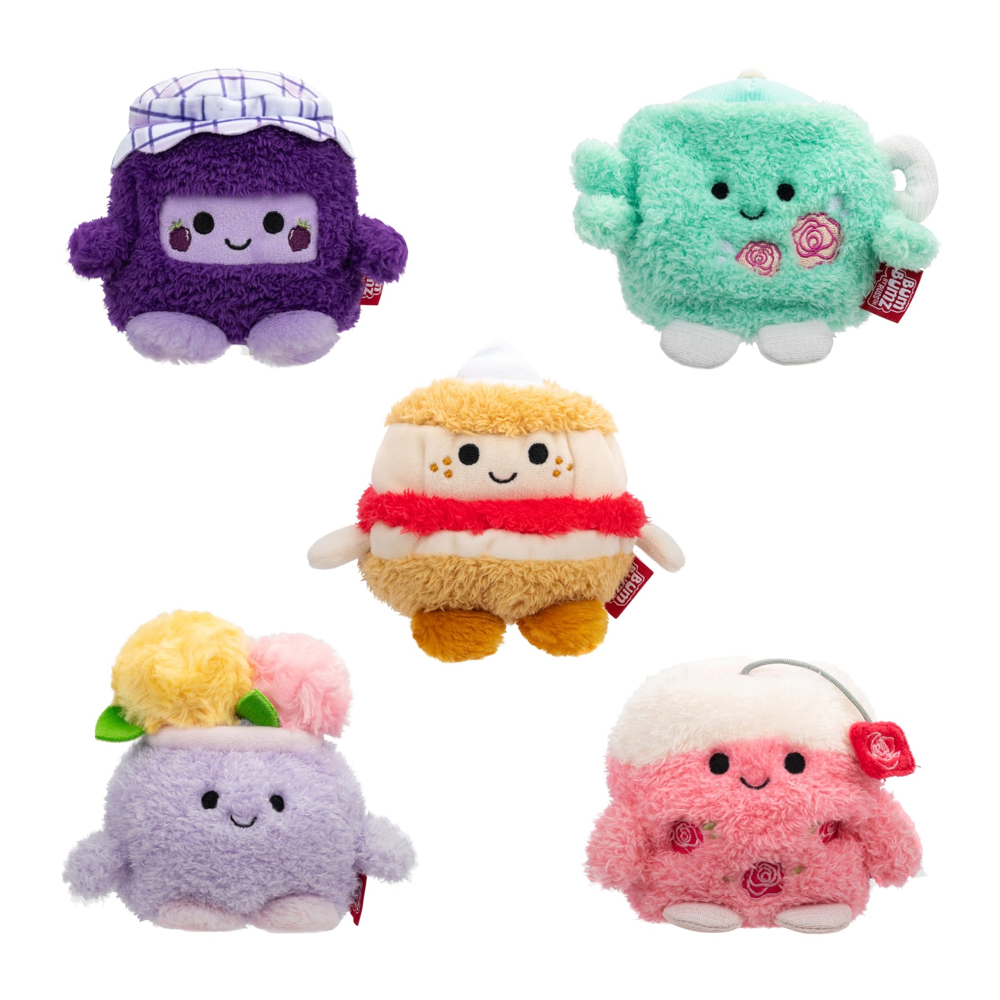 Bumbumz 4.5-Inch Teatimebumz Plush 5-Pack - British Scone Seymour, Pot Of Tea Tex, Blackberry Jam Jules, Tea Bag Tobey, Flower P