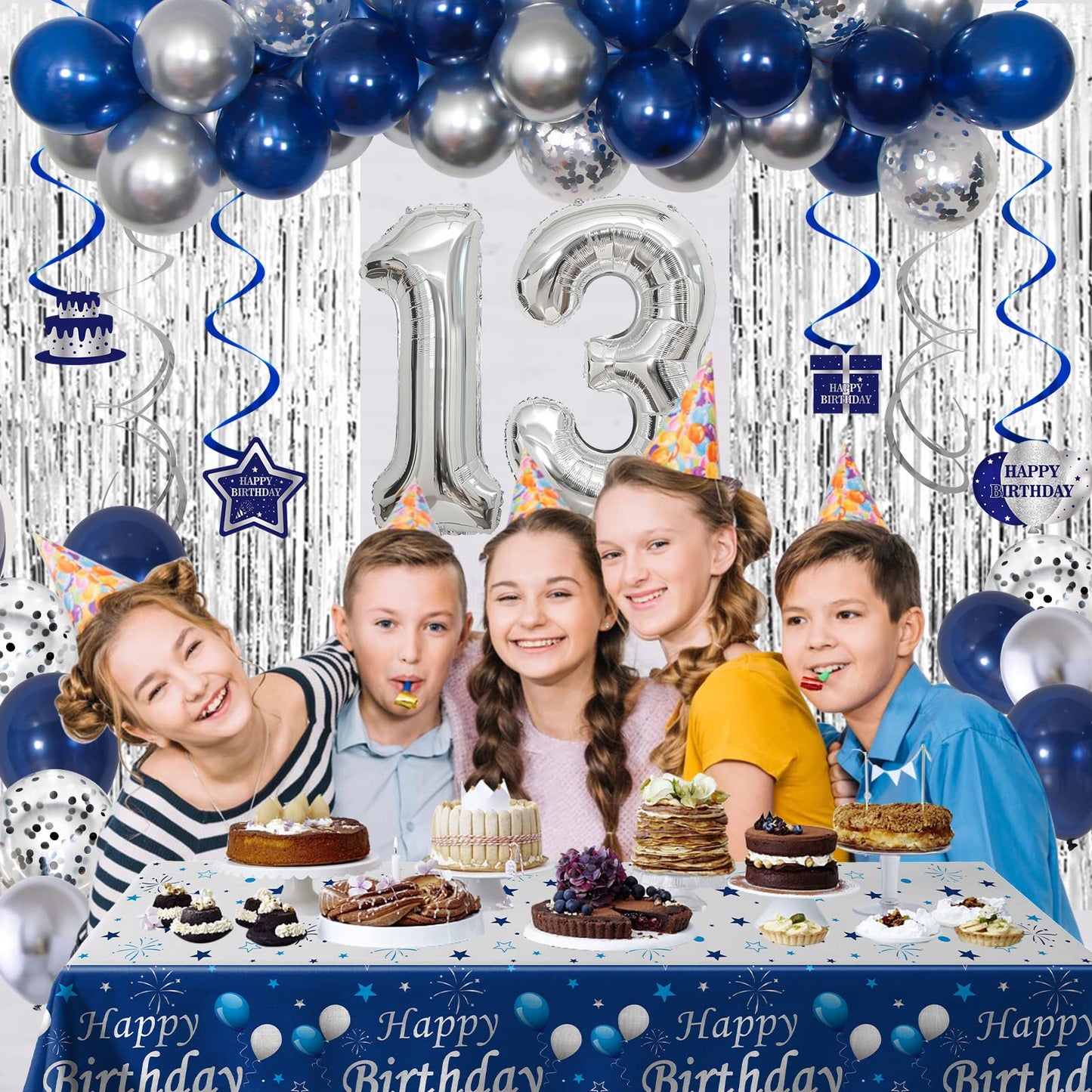 13Th Birthday Decorations For Boys And Girls Blue Silver, Happy 13Th Birthday Decorations Banner Birthday Balloons Number 13 Tab