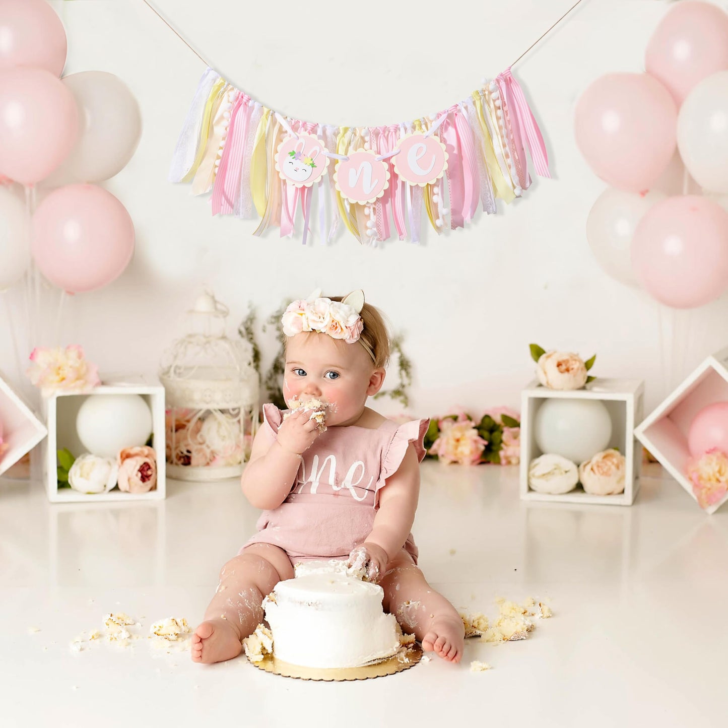 Some Bunny Is One High Chair Banner - Easter Bunny 1st Birthday Highchair Banner for Girls, Spring Rabbit 1st Birthday Decoratio