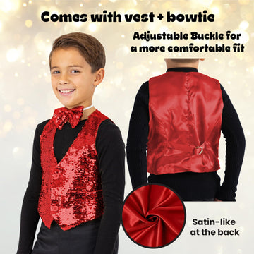 Dress Up America Boys Sequin Vest With Bowtie - Sparkly Costume Vest For Kids - Shiny Formal Party Outfit For Boys (Red)