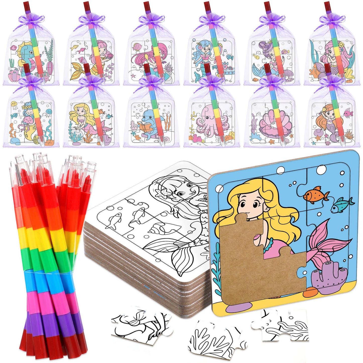 Fullhawl 12 Sets Mermaid Puzzles Underwater Color Your Own Puzzles DIY Jigsaw Crafts with 12 Stackable Crayons and 12 Bags for Under The Sea Theme Gifts Birthday Party Supplies(12  Mermaid)