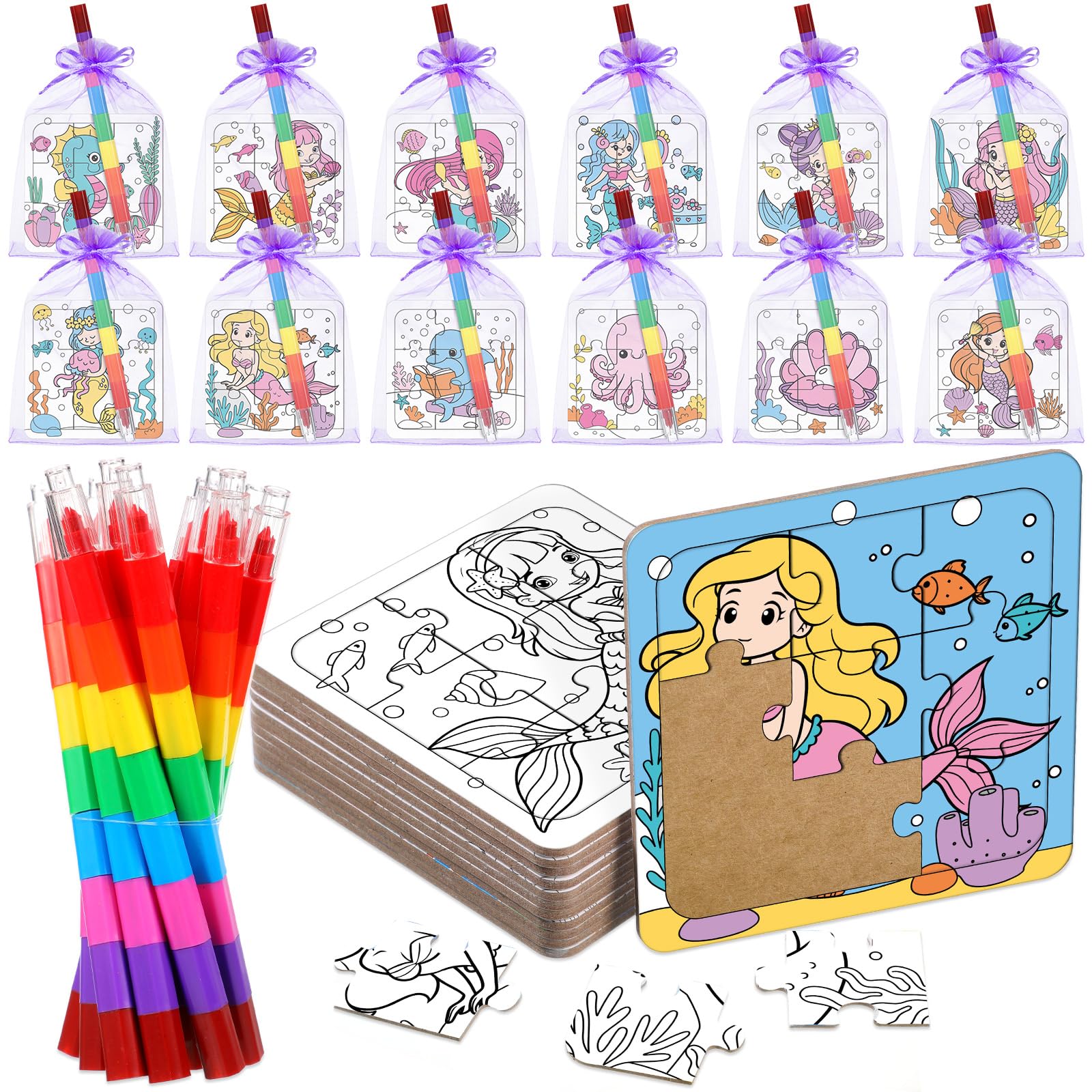Fullhawl 12 Sets Mermaid Puzzles Underwater Color Your Own Puzzles DIY Jigsaw Crafts with 12 Stackable Crayons and 12 Bags for Under The Sea Theme Gifts Birthday Party Supplies(12  Mermaid)