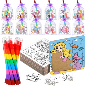 Fullhawl 12 Sets Mermaid Puzzles Underwater Color Your Own Puzzles DIY Jigsaw Crafts with 12 Stackable Crayons and 12 Bags for Under The Sea Theme Gifts Birthday Party Supplies(12  Mermaid)