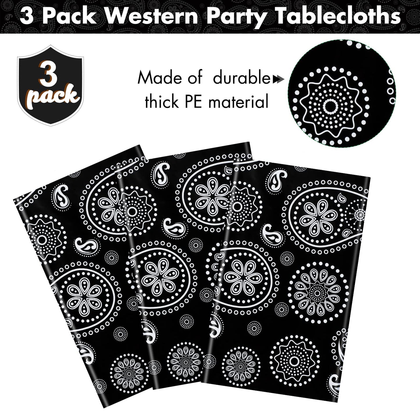 Western Party Tablecloth Paisley Table Cover Bandana Plastic Table Cloth Rectangle Floral Tablecloth For Western Cowboy Themed Party Decorations, 108 X 54 Inches (Black, 3 Pack)